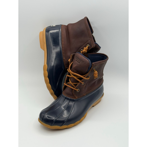 Sperry Women’s 7M Duck Boots – Brown Leather Navy Rubber Waterproof Ankle Boots - Picture 1 of 9